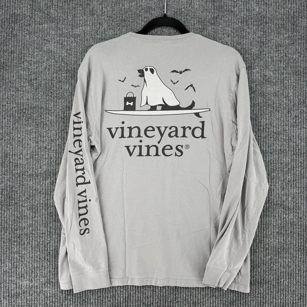 Vineyard Vines Halloween Ghost Dog Long Sleeve Graphic T Shirt Mens Medium Gray